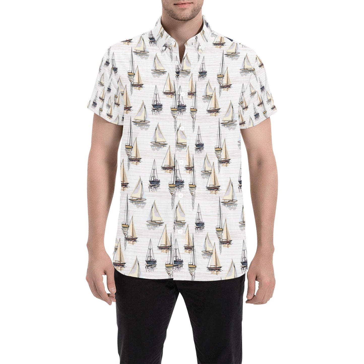Sailboat Paint Pattern Print Design LKS307 Men Short Sleeve Button Up Shirt