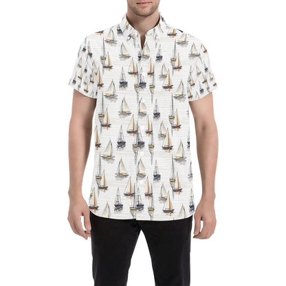 Sailboat Paint Pattern Print Design LKS307 Men Short Sleeve Button Up Shirt
