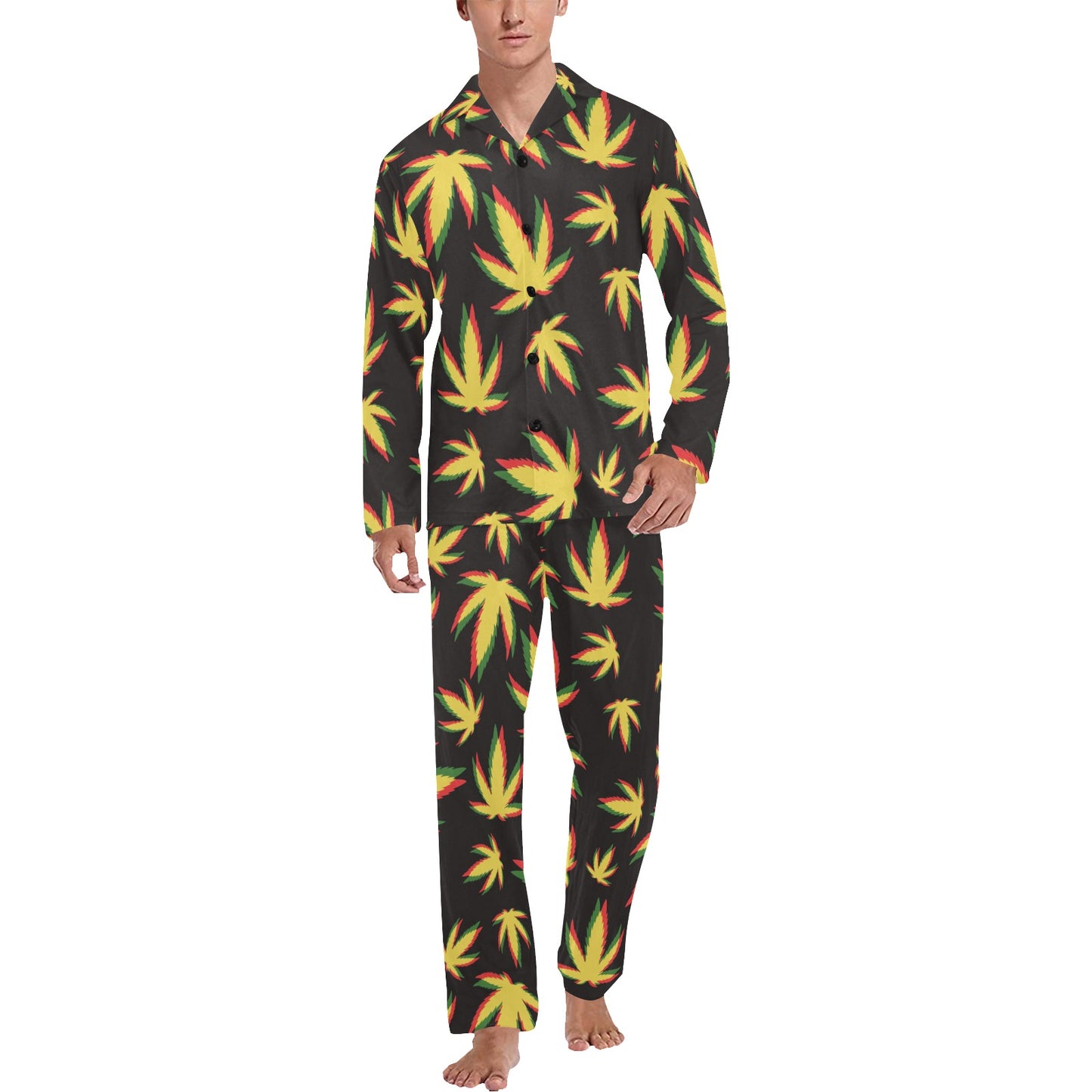 Pot Leaf Pattern Print Design A02 Men's Long Pajama Set