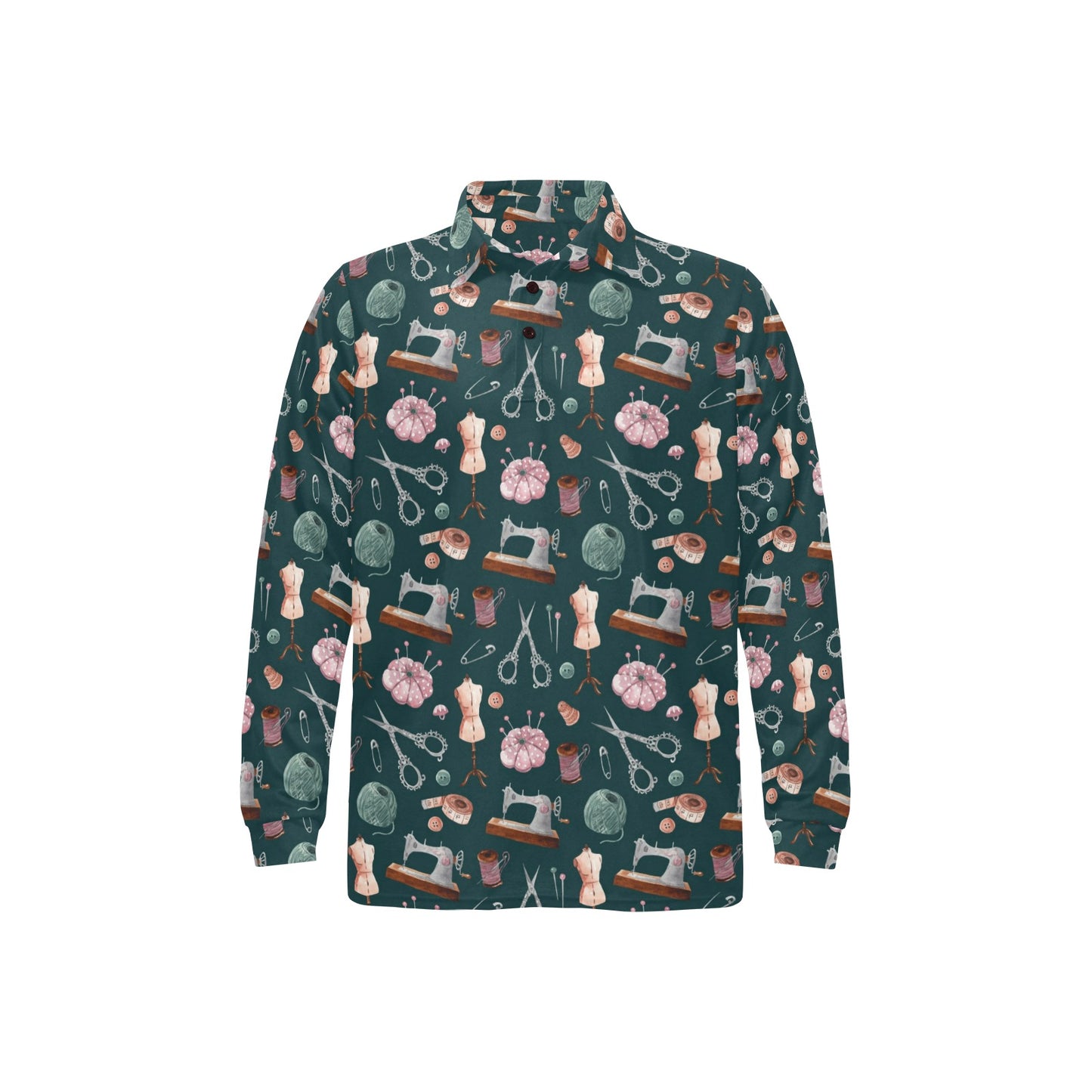 Sewing Equipment Print Design LKS307 Long Sleeve Polo Shirt For Men's
