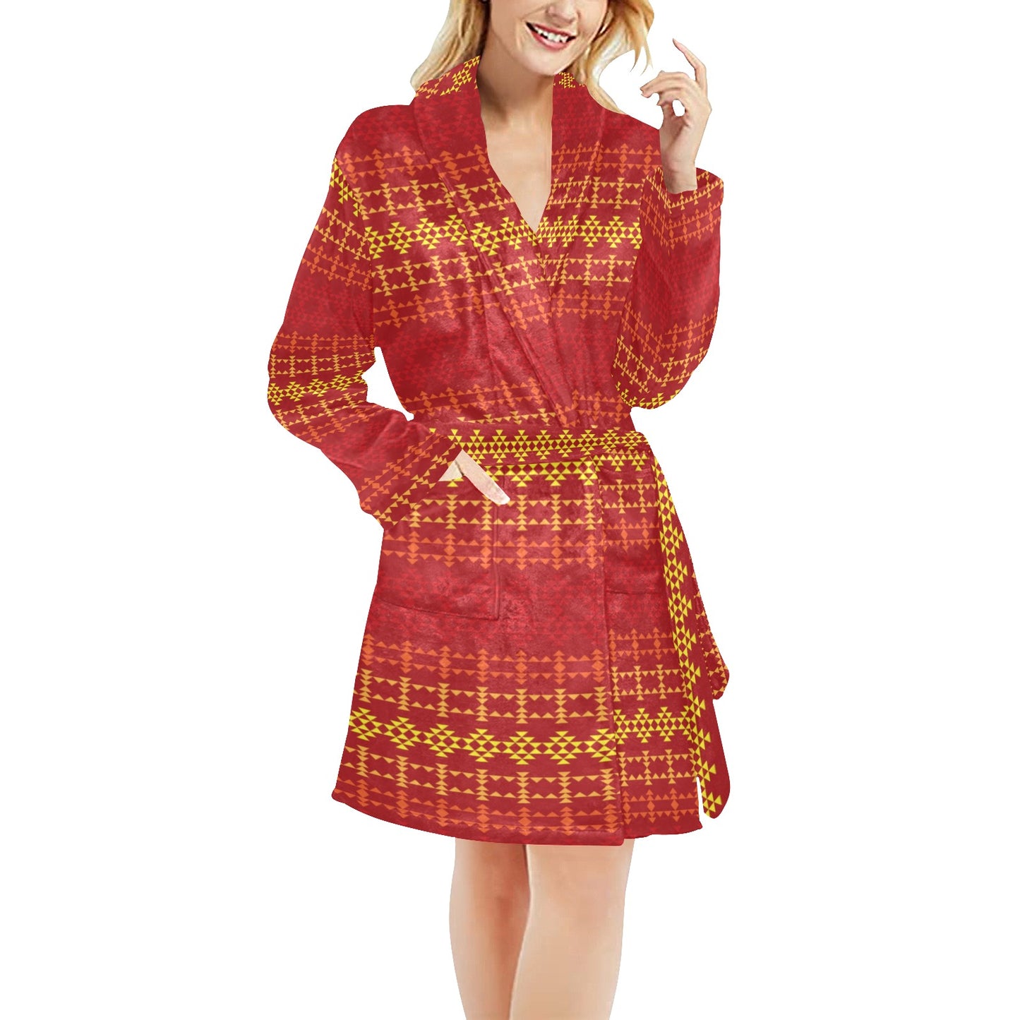 Southwest Red Gold Design Themed Print Women's Fleece Robe