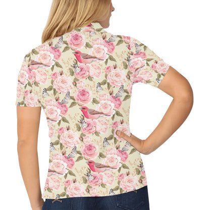 Bird Butterfly Pink Flower Print Pattern Women's Polo Shirt