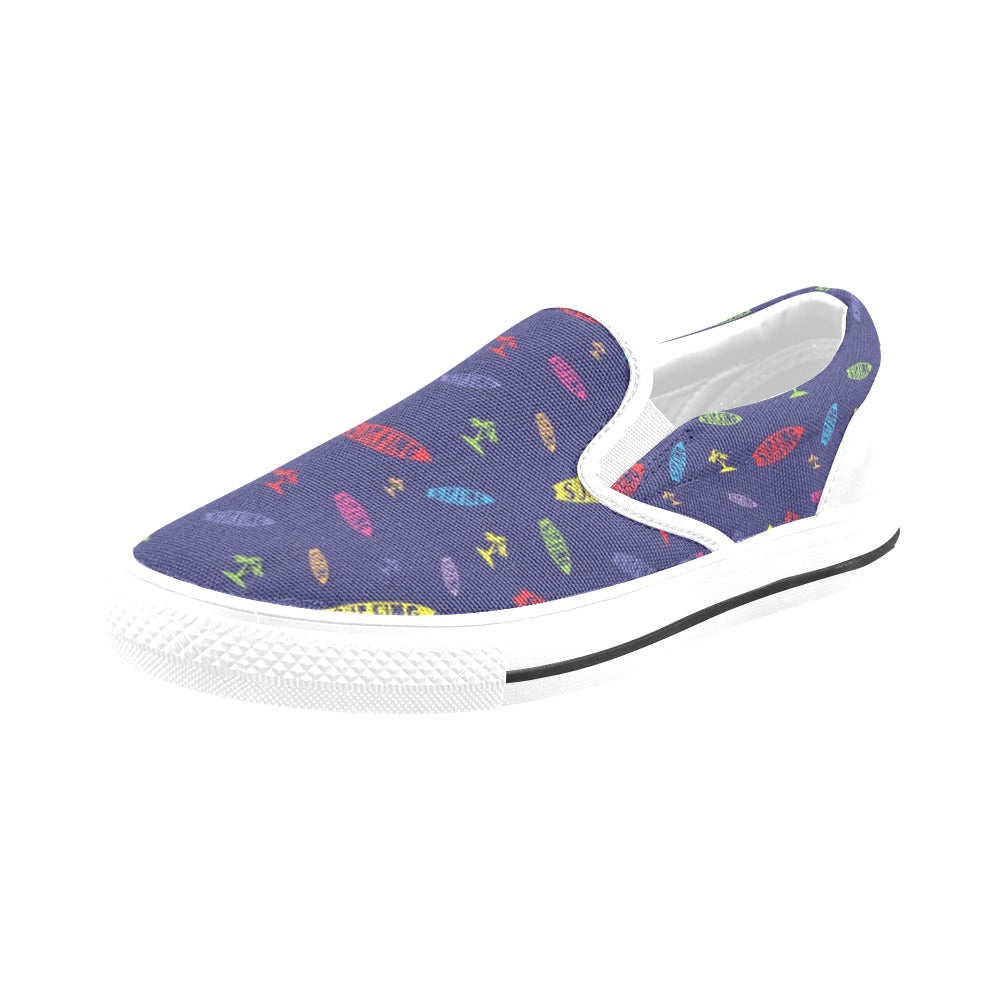 Surfboard Print Design LKS305 White Slip Ons Canvas Women's Shoes