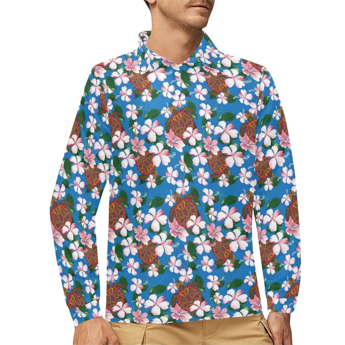 Sea Turtle Pink Hibiscus Hawaiian Print Long Sleeve Polo Shirt For Men's