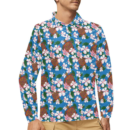 Sea Turtle Pink Hibiscus Hawaiian Print Long Sleeve Polo Shirt For Men's
