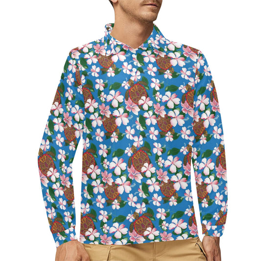 Sea Turtle Pink Hibiscus Hawaiian Print Long Sleeve Polo Shirt For Men's