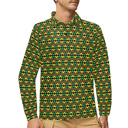 African Geometric Print Pattern Long Sleeve Polo Shirt For Men's