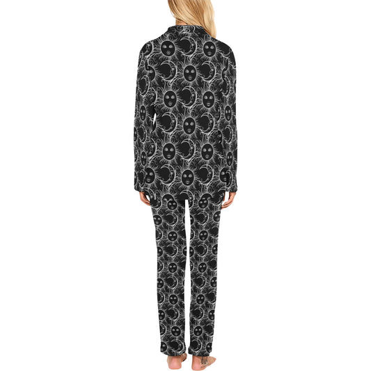 Sun Moon White Design Themed Print Women's Long Pajama Set