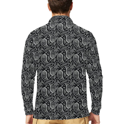 Paisley Black Design Print Long Sleeve Polo Shirt For Men's