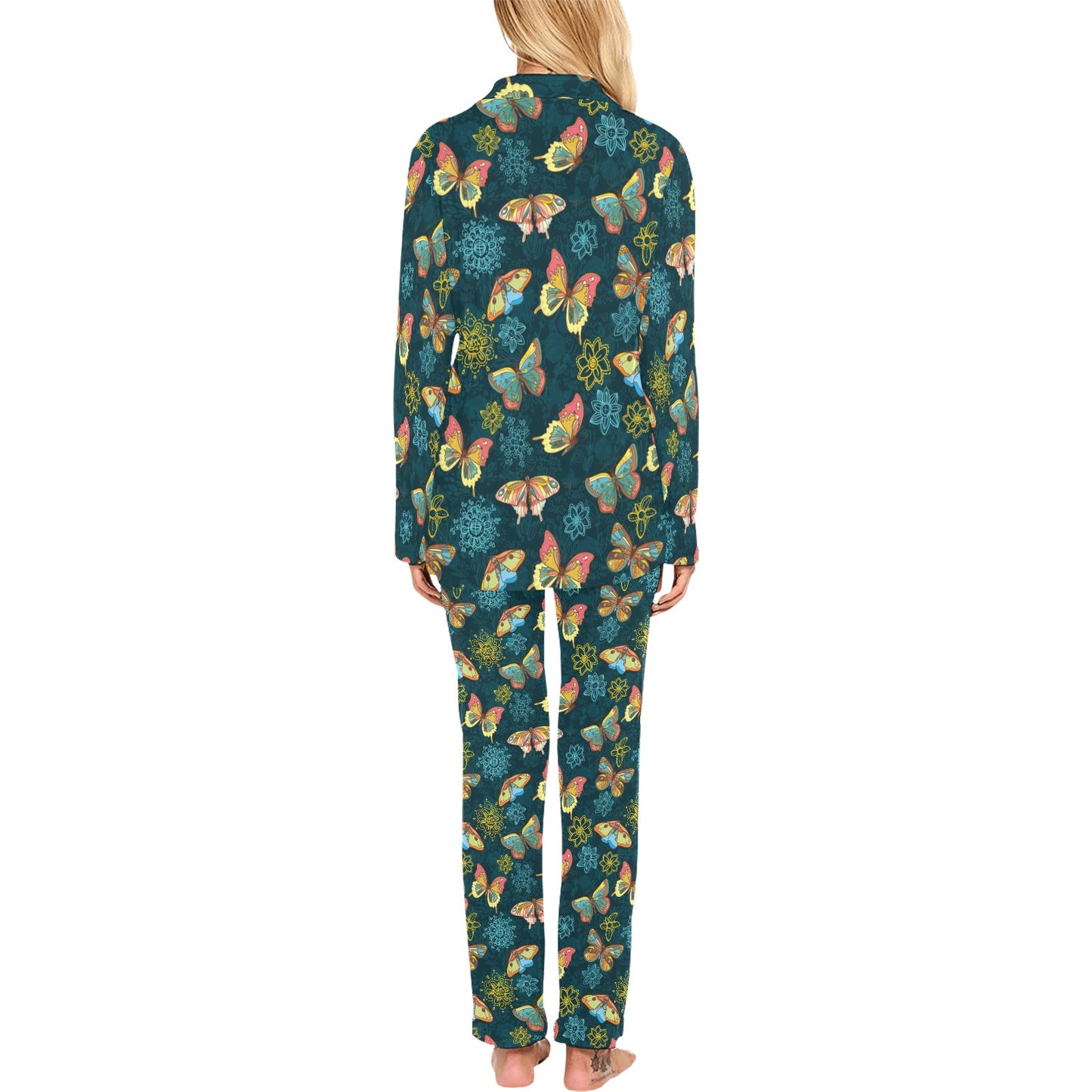 Butterfly Hand Draw Print Pattern Women's Long Pajama Set