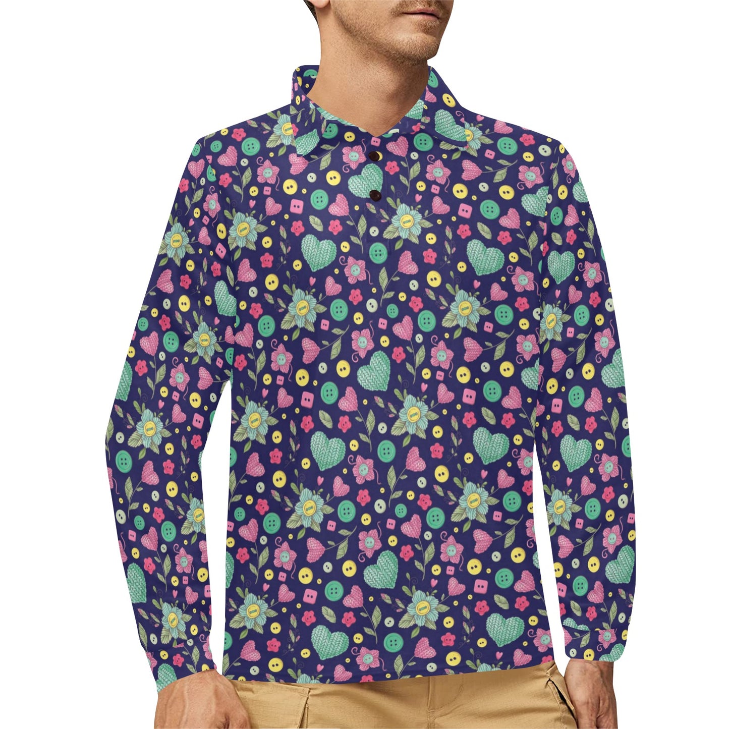Crochet Pattern Print Design 02 Long Sleeve Polo Shirt For Men's