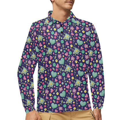 Crochet Pattern Print Design 02 Long Sleeve Polo Shirt For Men's