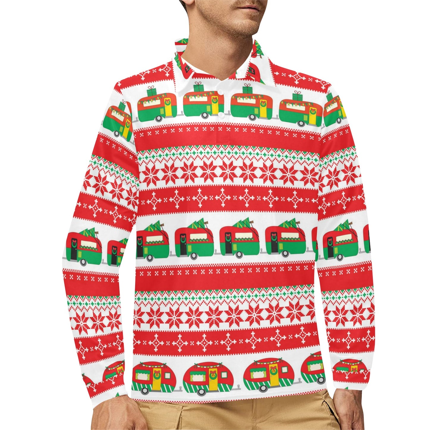 Camper Camping Ugly Christmas Design Print Long Sleeve Polo Shirt For Men's
