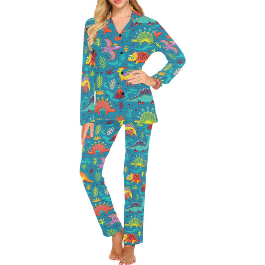 Dinosaur Cartoon Style Women's Long Pajama Set