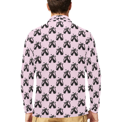 Black Cat Pattern Print Design 01 Long Sleeve Polo Shirt For Men's