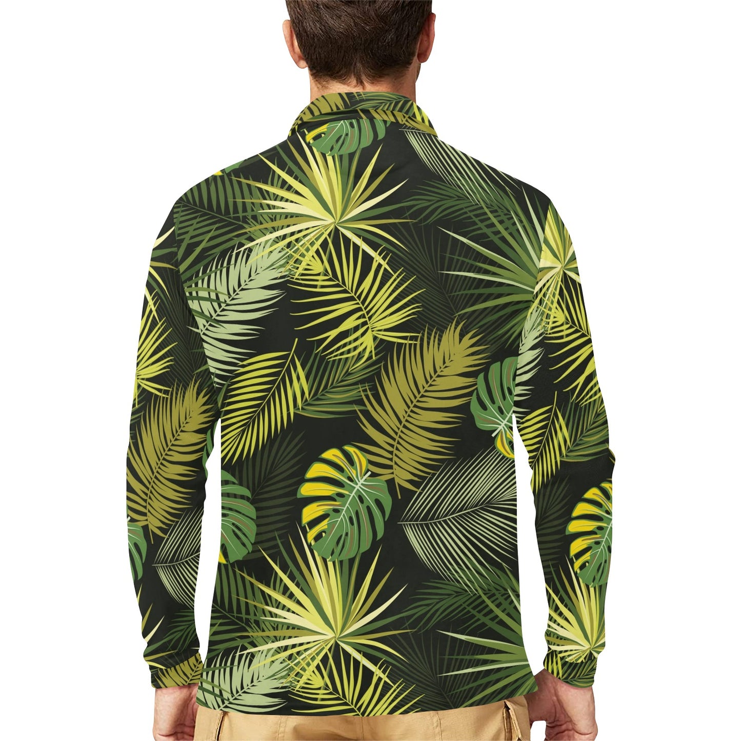 Palm Leaf Pattern Print Design A05 Long Sleeve Polo Shirt For Men's