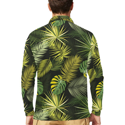 Palm Leaf Pattern Print Design A05 Long Sleeve Polo Shirt For Men's