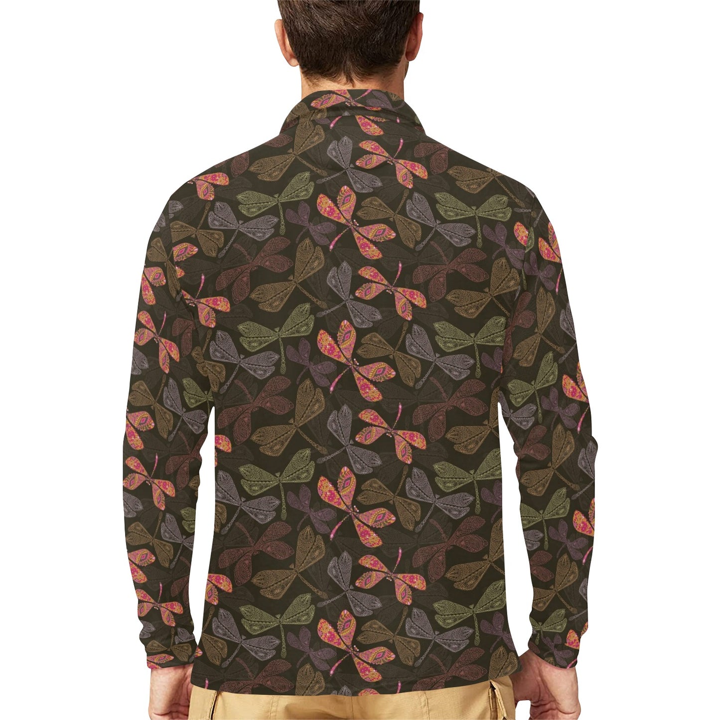 Dragonfly Pattern Print Design 02 Long Sleeve Polo Shirt For Men's
