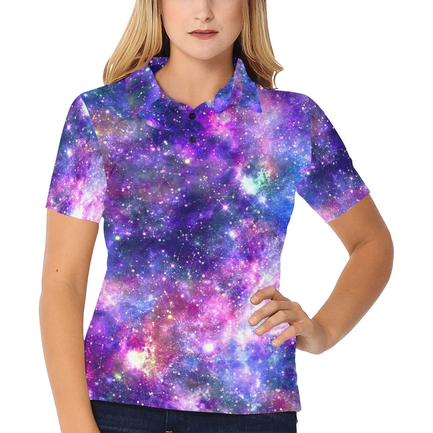 Galaxy Night Stardust Space Print Women's Polo Shirt