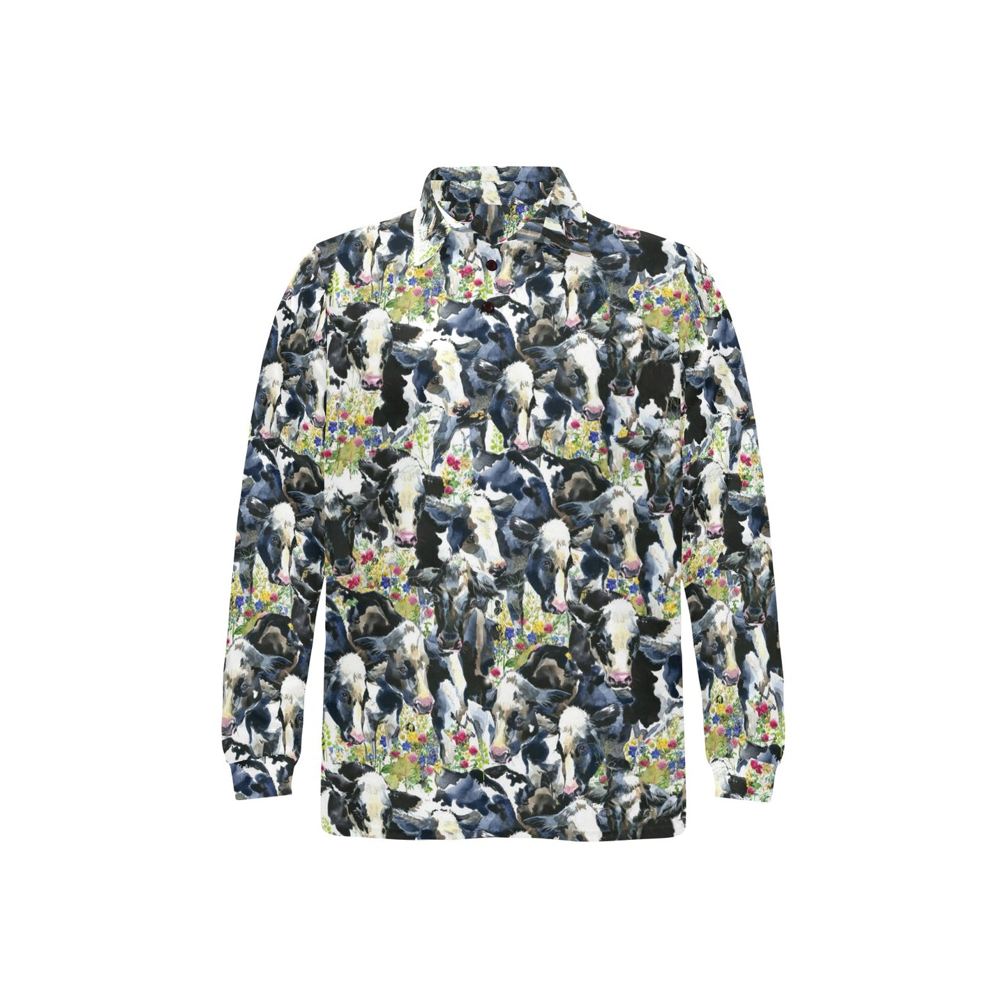 Cow Watercolor Print Pattern Long Sleeve Polo Shirt For Men's