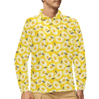 Bee Daisy Pattern Print Design 06 Long Sleeve Polo Shirt For Men's