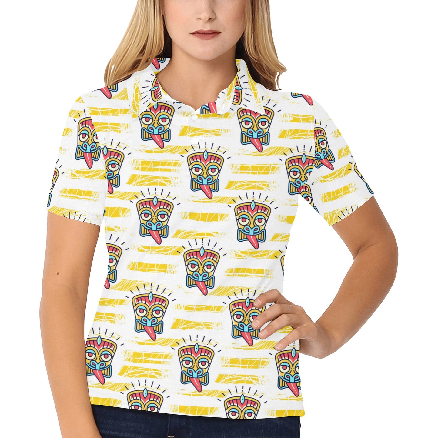 Tiki Smile Mask Print Pattern Women's Polo Shirt
