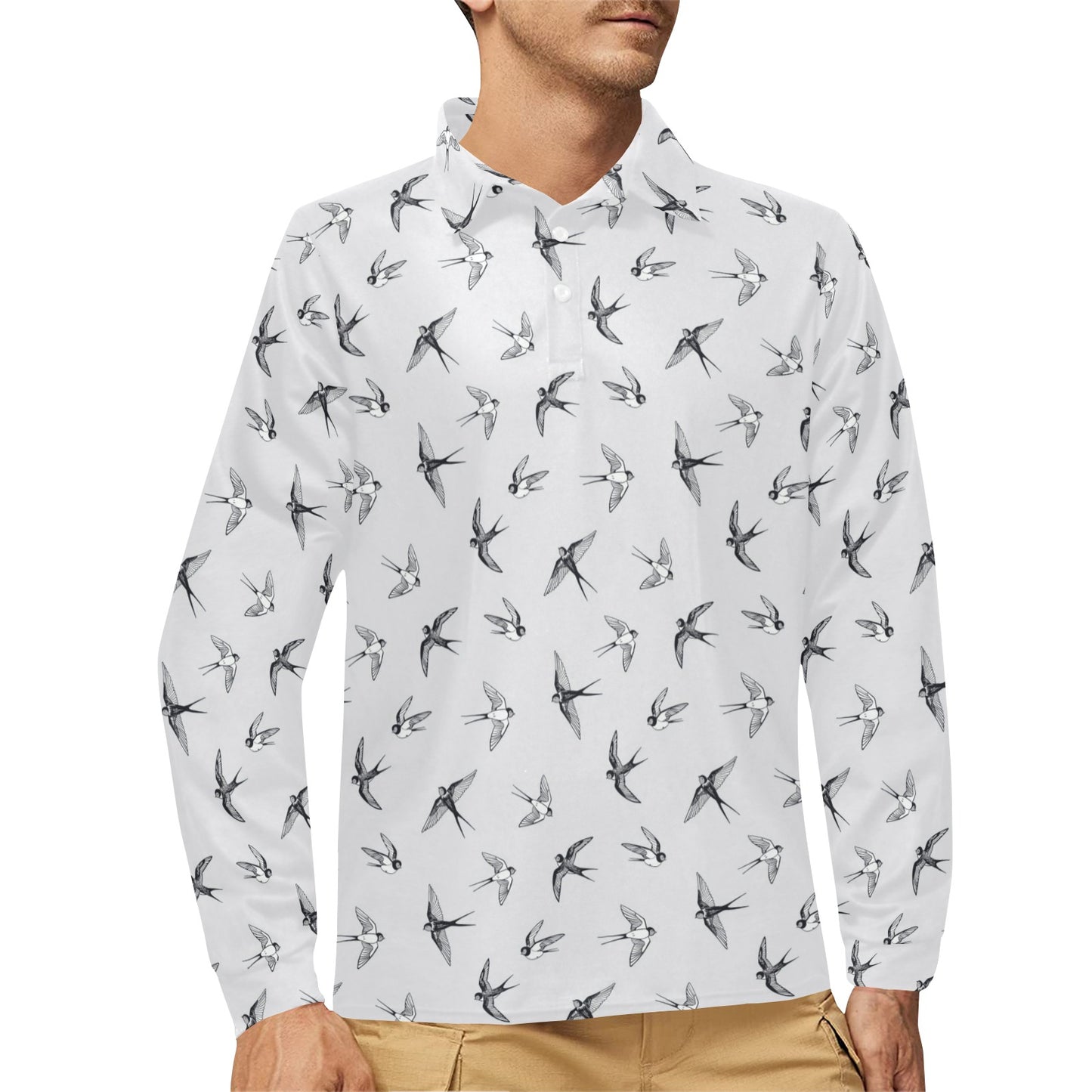Swallow Bird Pattern Print Design 04 Long Sleeve Polo Shirt For Men's