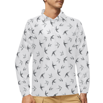Swallow Bird Pattern Print Design 04 Long Sleeve Polo Shirt For Men's