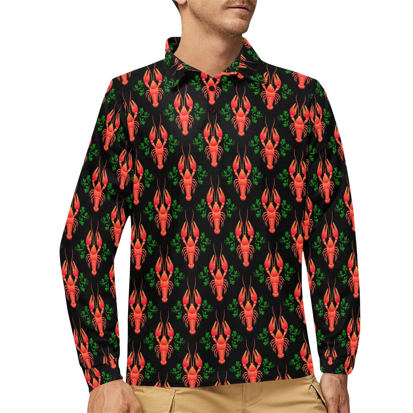 Lobster Print Design LKS403 Long Sleeve Polo Shirt For Men's