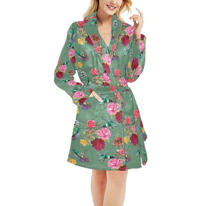 Hummingbird with Rose Themed Print Women's Fleece Robe
