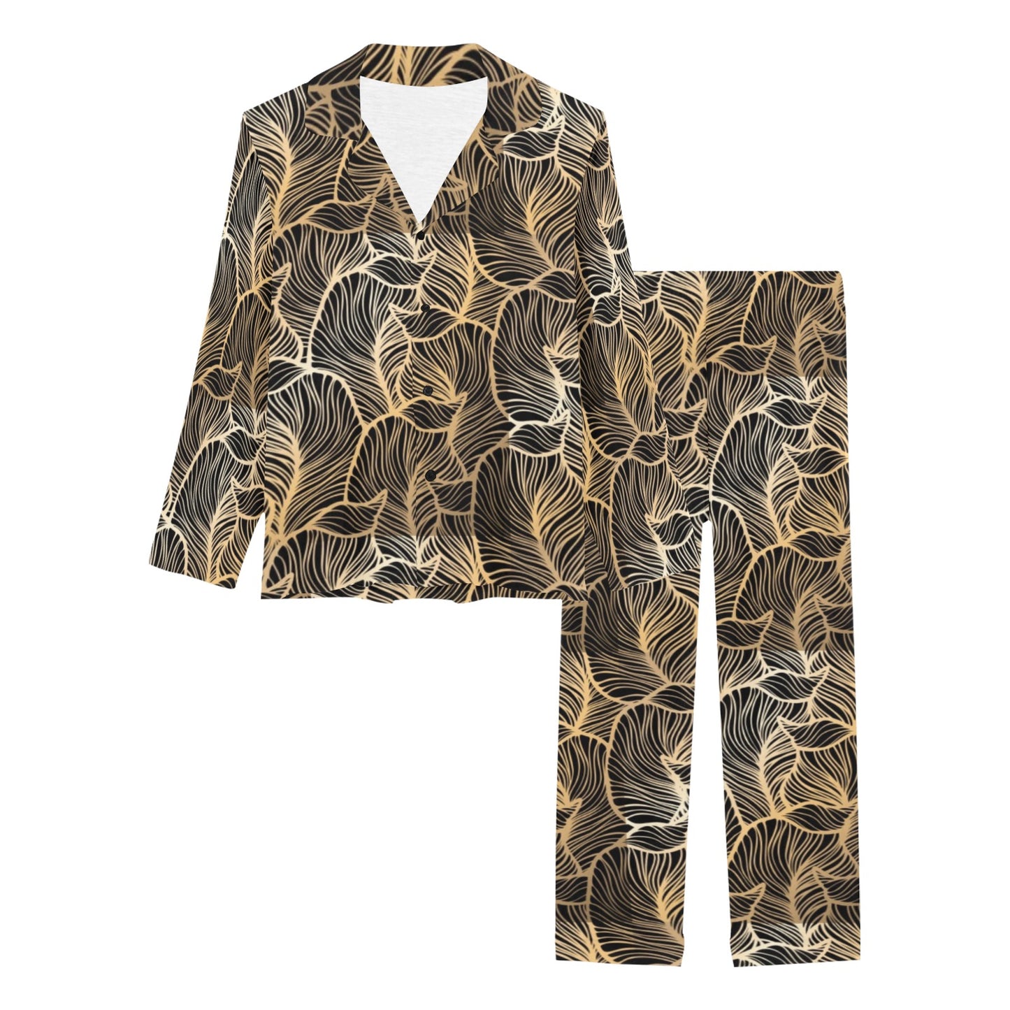 Elegant Gold leaf Print Women's Long Pajama Set