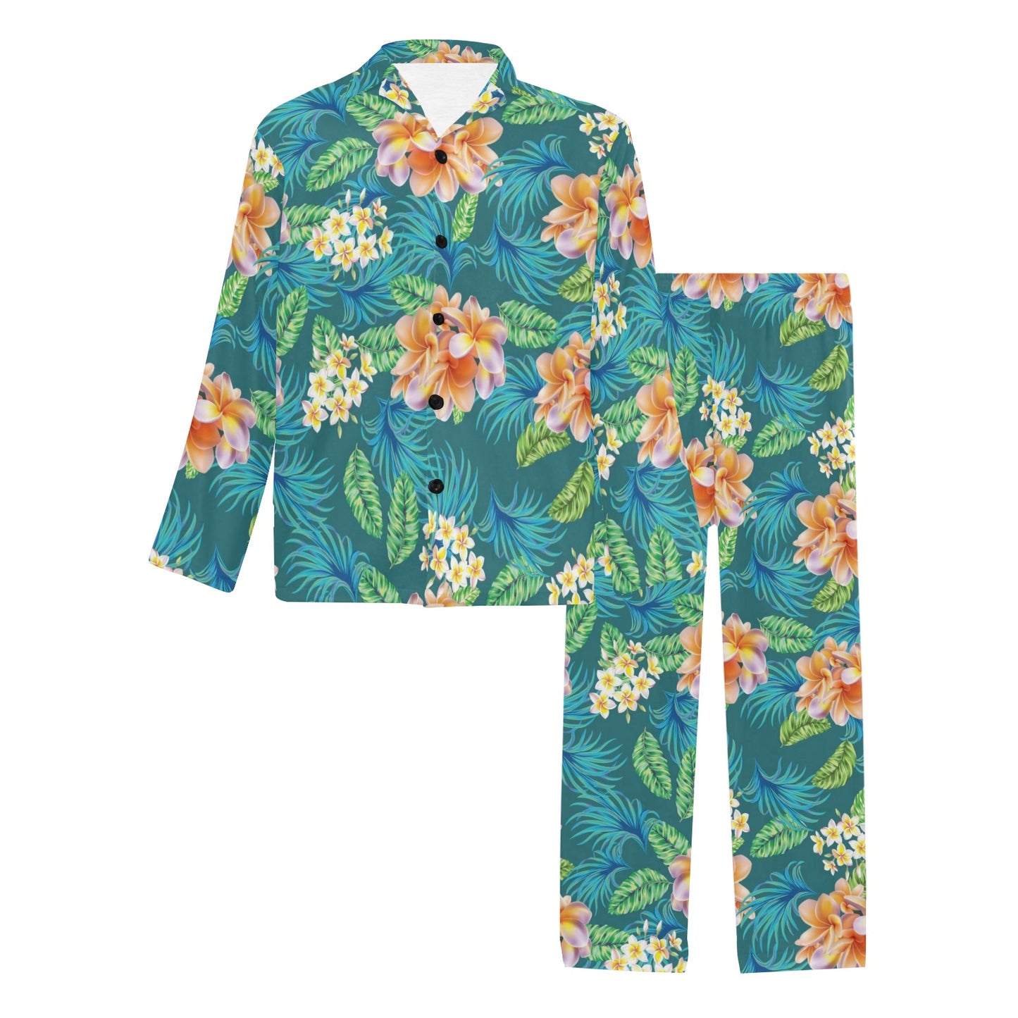 Plumeria Tropical Flower Design Print Men's Long Pajama Set