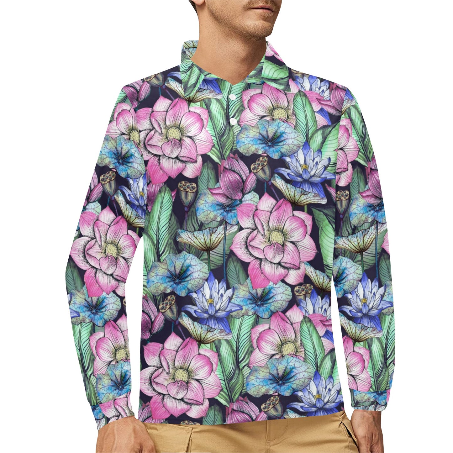 Water Lily Pattern Print Design WL07 Long Sleeve Polo Shirt For Men's