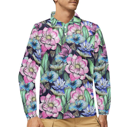 Water Lily Pattern Print Design WL07 Long Sleeve Polo Shirt For Men's