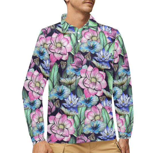 Water Lily Pattern Print Design WL07 Long Sleeve Polo Shirt For Men's