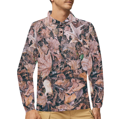 Camouflage Realistic Tree Leaf Print Long Sleeve Polo Shirt For Men's