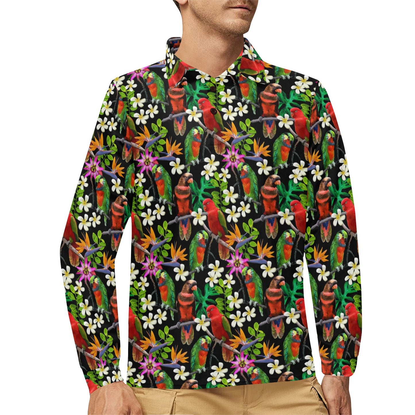 Parrot Design Print Long Sleeve Polo Shirt For Men's
