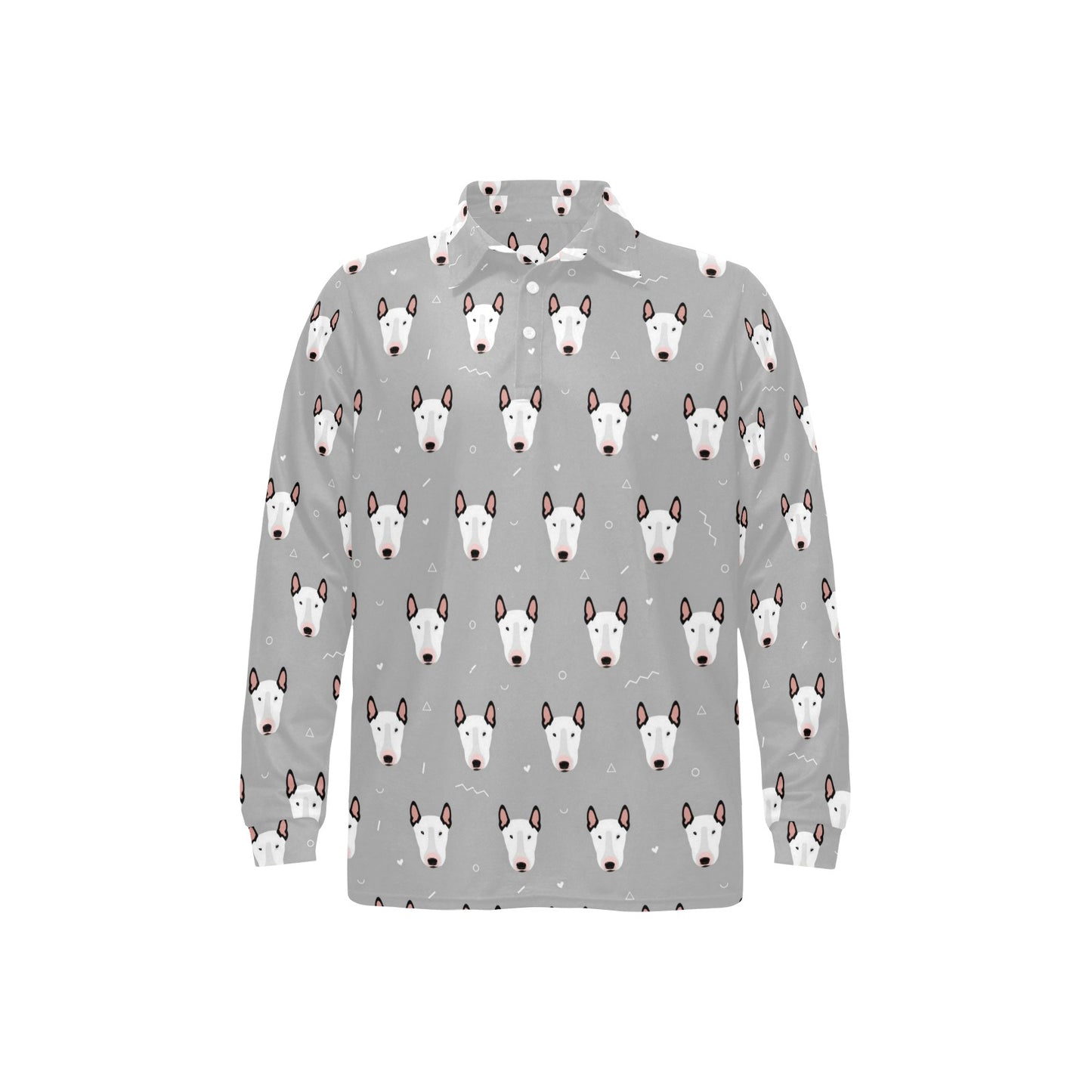 Bull Terrier Head Print Pattern Long Sleeve Polo Shirt For Men's