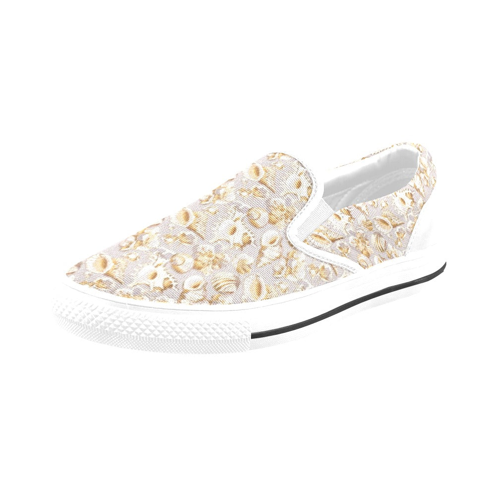 Seashell Print Design LKS309 White Slip Ons Canvas Women's Shoes