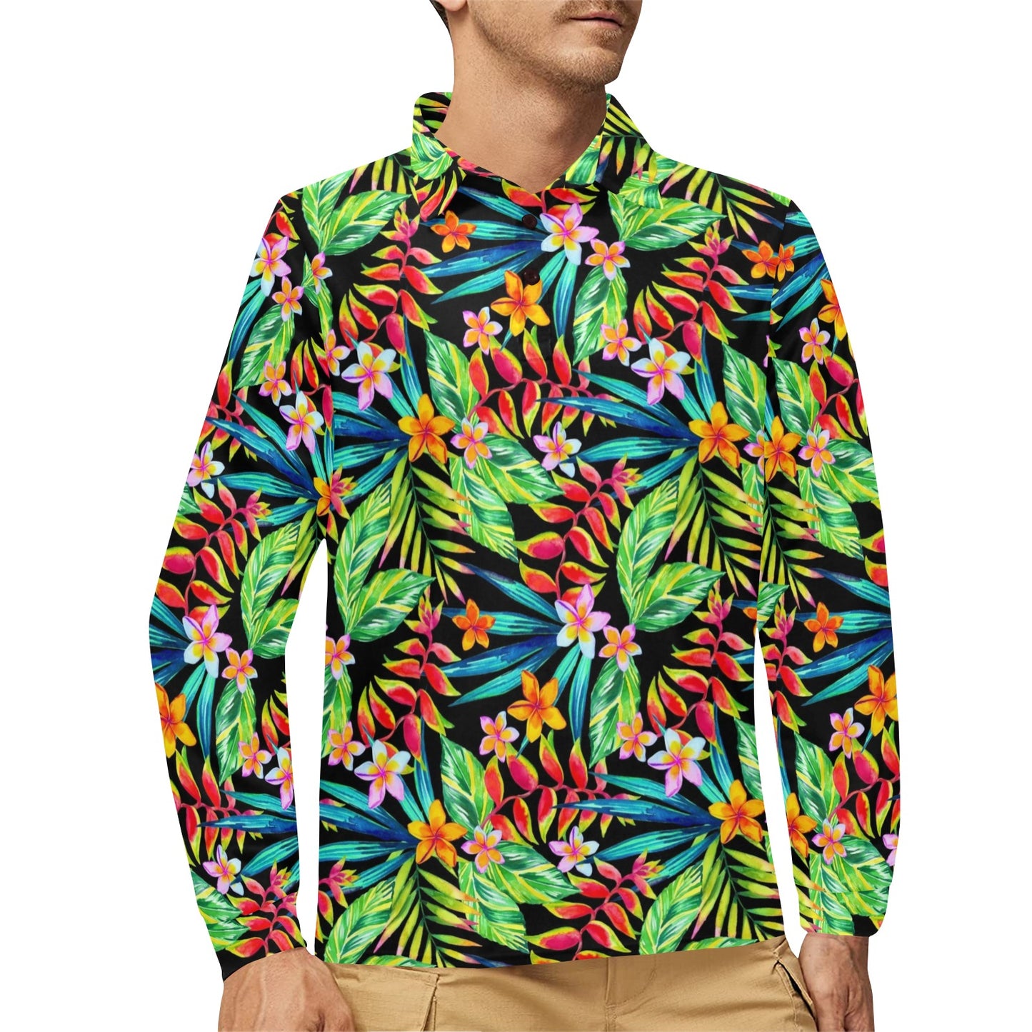 Heliconia Pattern Print Design HL09 Long Sleeve Polo Shirt For Men's
