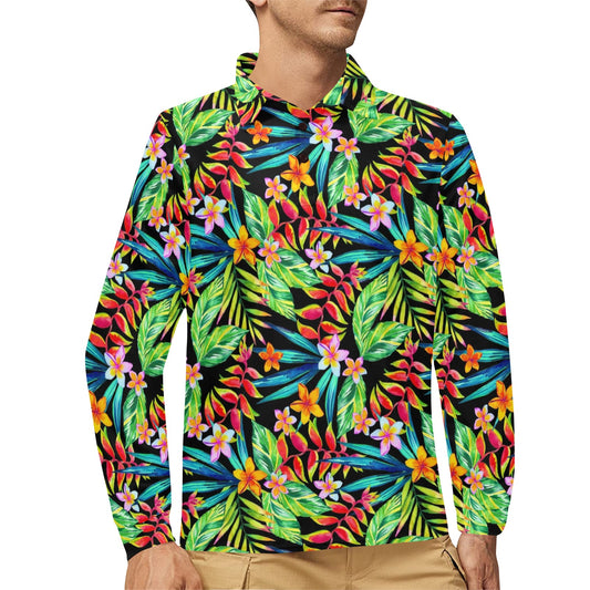 Heliconia Pattern Print Design HL09 Long Sleeve Polo Shirt For Men's