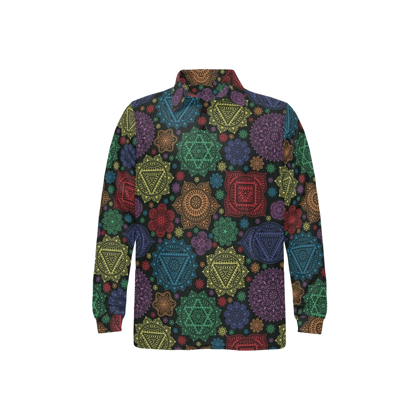 Chakra Mandala Print Pattern Long Sleeve Polo Shirt For Men's