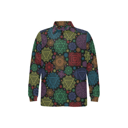 Chakra Mandala Print Pattern Long Sleeve Polo Shirt For Men's