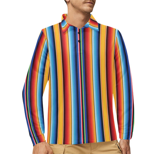 Mexican Blanket Stripe Print Pattern Long Sleeve Polo Shirt For Men's