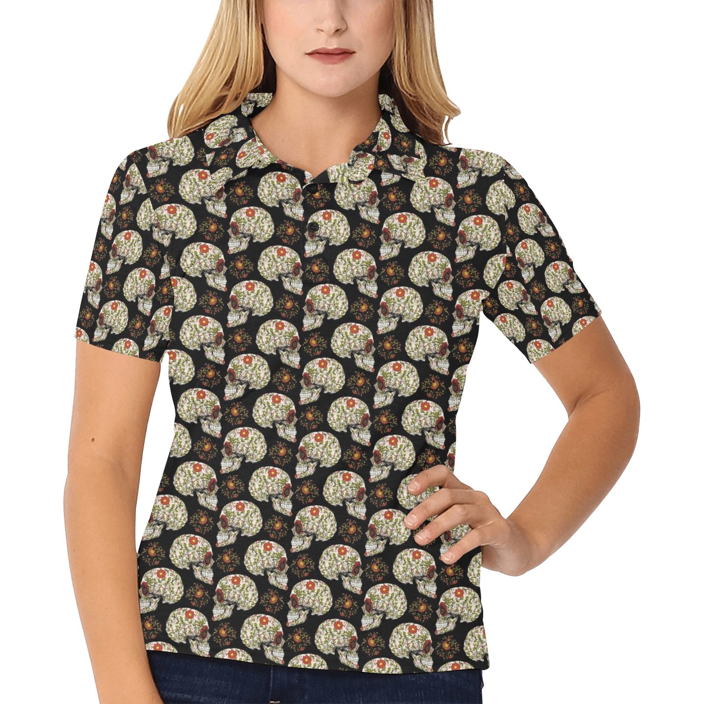 Sugar Skull Flower Design Themed Print Women's Polo Shirt