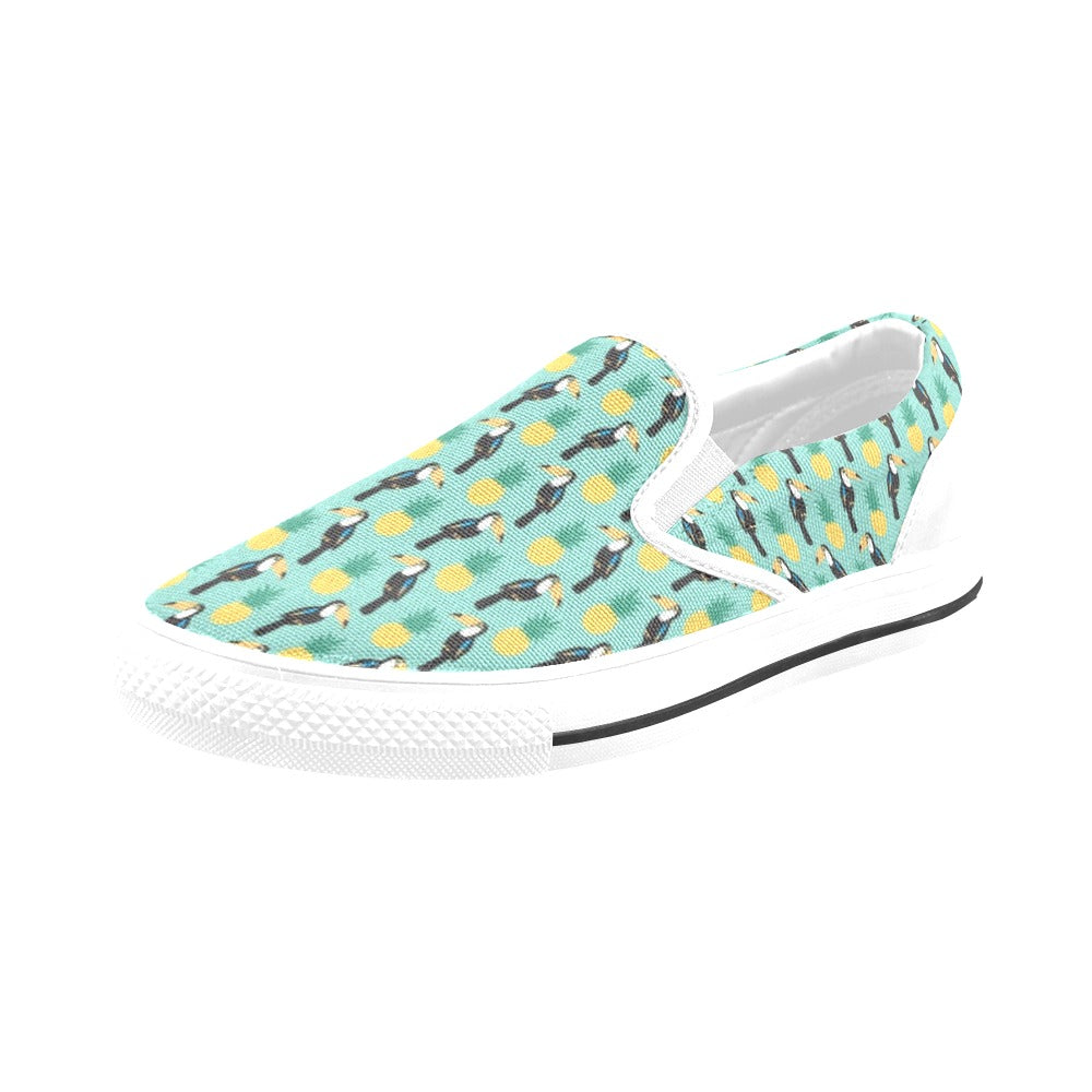 Toucan Print Design LKS301 White Slip Ons Canvas Women's Shoes