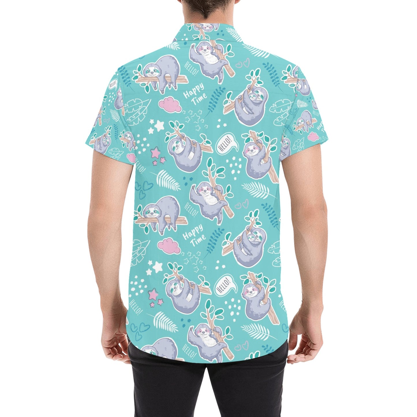 Sloth Print Design LKS309 Men Short Sleeve Button Up Shirt