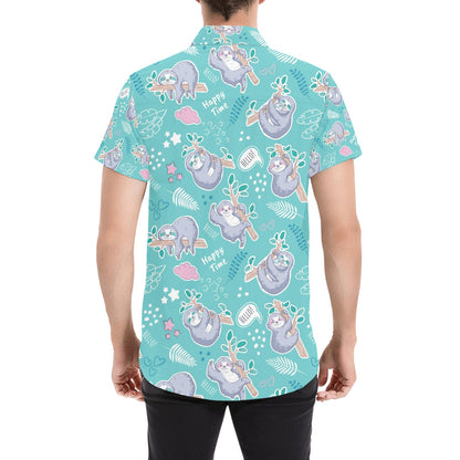 Sloth Print Design LKS309 Men Short Sleeve Button Up Shirt