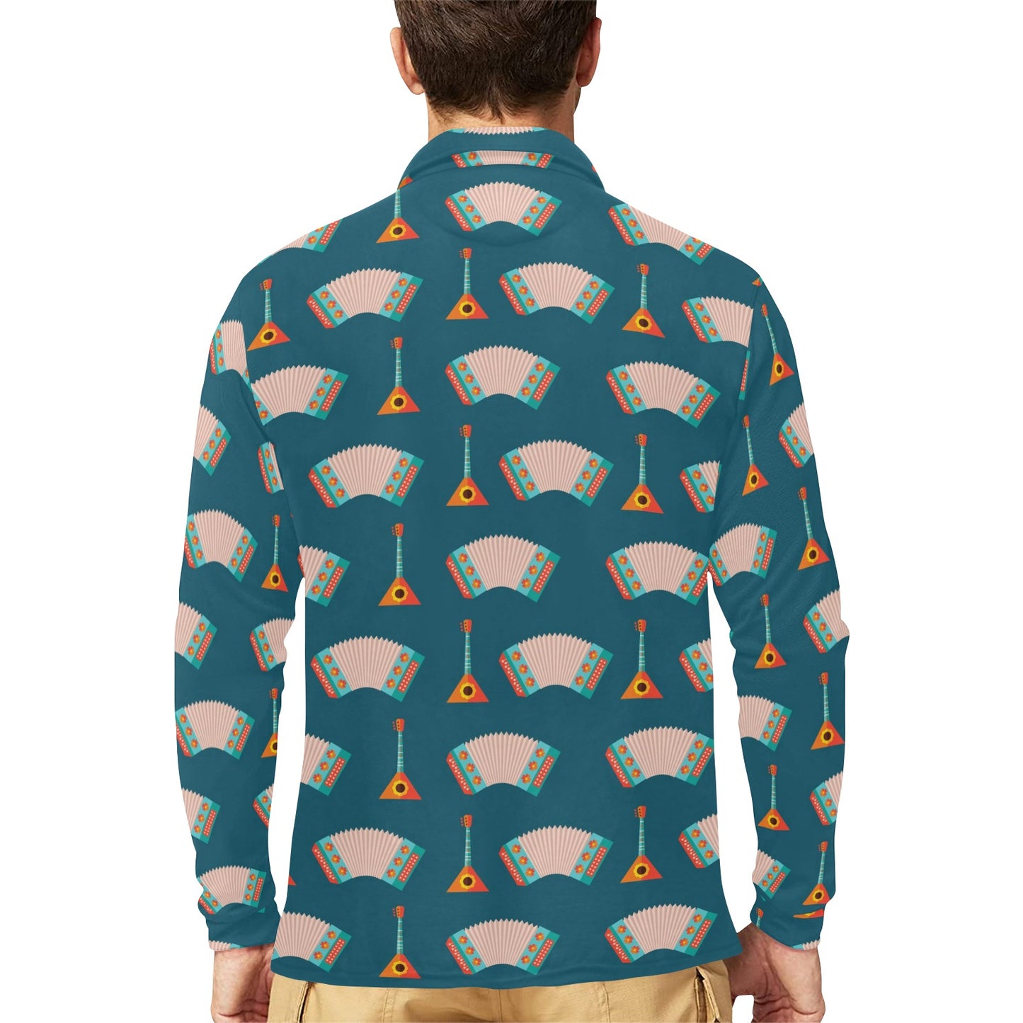Accordion Print Design LKS402 Long Sleeve Polo Shirt For Men's
