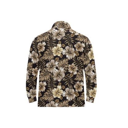 Brown Hibiscus Tropical Long Sleeve Polo Shirt For Men's